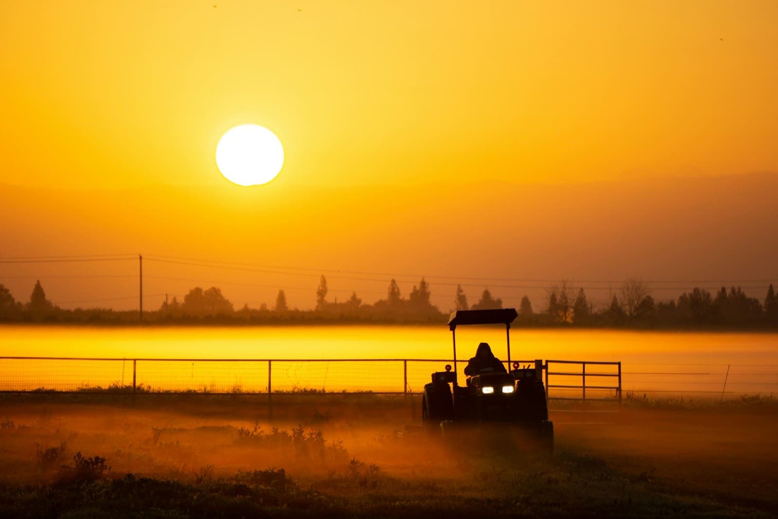 A farmer driving a tractor across a misty field at sunrise